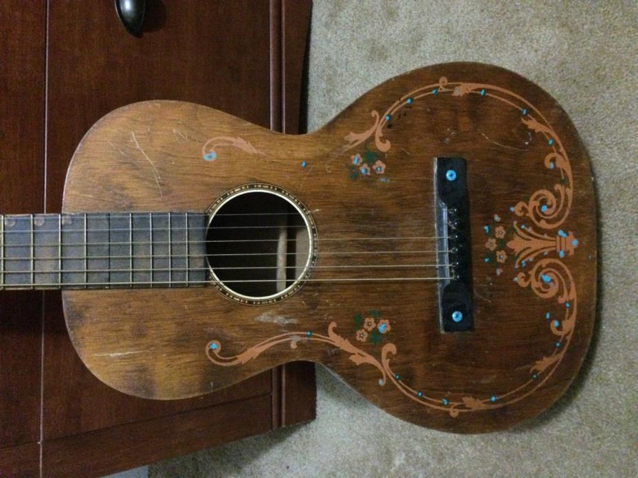 Vintage Parlor acoustic Guitar c 1920 - decorated action is 5/32