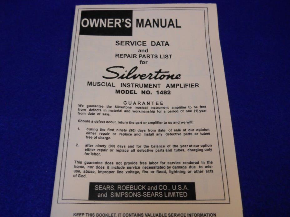 Vintage Silvertone 1482  Guitar Amplifier Instruction Manual Schematic 1960's