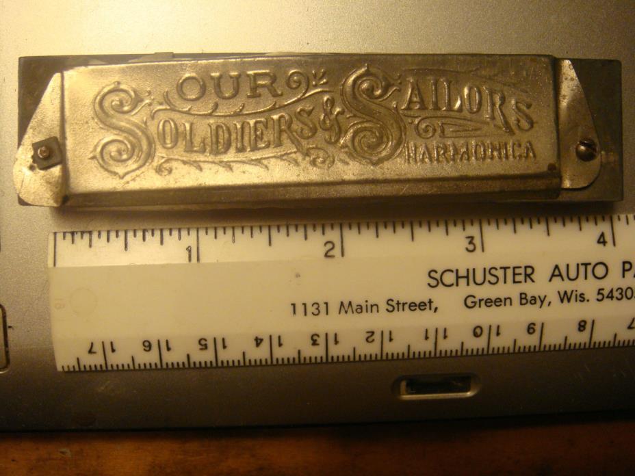 Rare Harmonica OUR SOLDIERS & SAILORS Silver Reeds Antique Vtg German Wood Plays