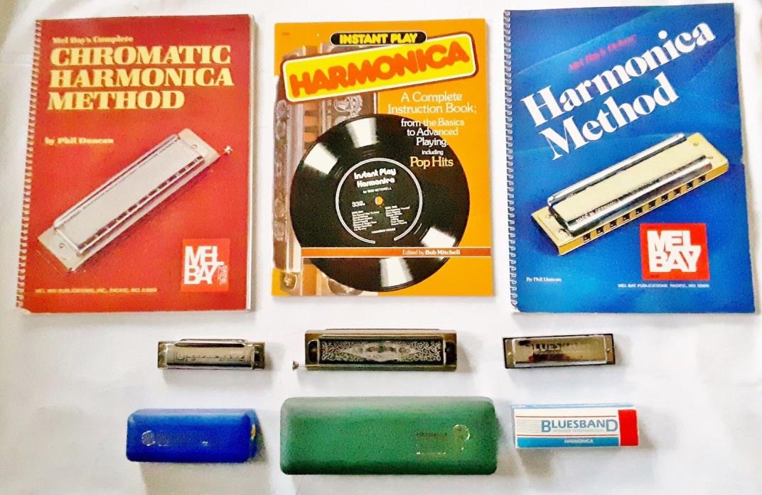 Lot: 3 Vintage Hohner Harmonicas & 3 Harmonica Instruction Guides