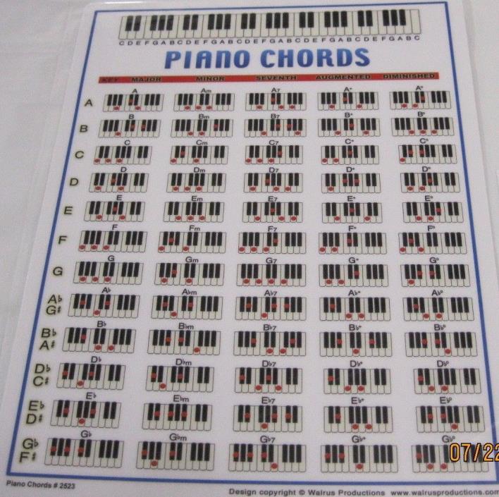 piano chord chord chart walrus production laminated 8 1/2 by 11 chart piano cord
