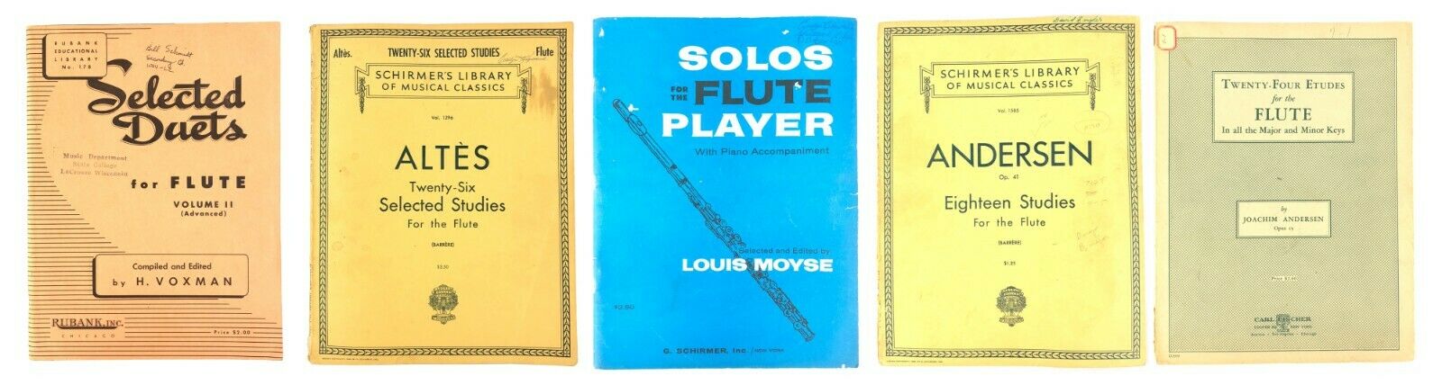 Lot 5 Books of Sheet Music Songs for Flute Duets Solos Schirmer Andersen Voxman