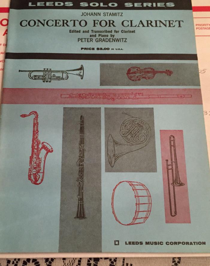 Vintage Leeds Solo Series Concerto For Clarinet Johann Stamitz Music Book
