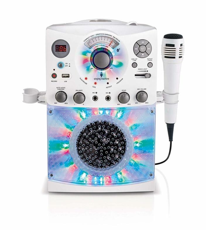Bluetooth Karaoke System with 54 LED Disco Lights CD+G USB and Microphone White