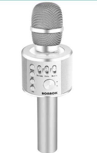 BONAOK Wireless Bluetooth Karaoke Microphone, 3-in-1 Portable Mic - SILVER