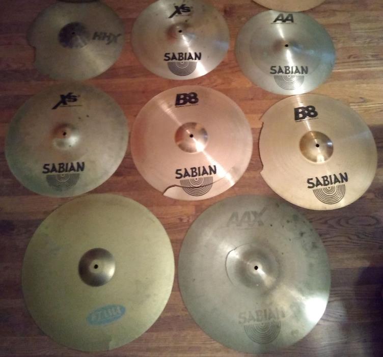 Lot of 8 cracked damaged cymbals 2 rides tama/sabian 6 crashes all sabian as is