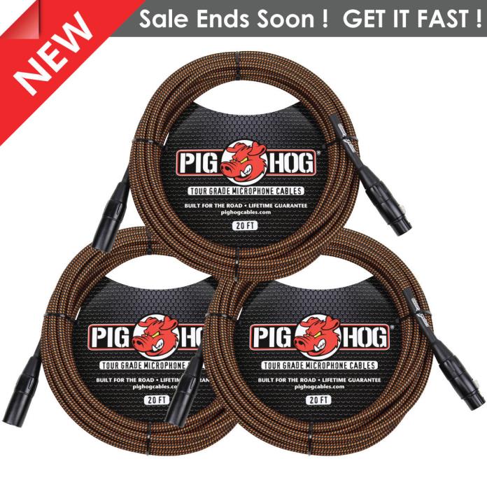 3 PACK PIG HOG PHM20ORG BLACK ORANGE WOVEN Mic CABLE, 20FT XLR LIFETIME WARRANTY