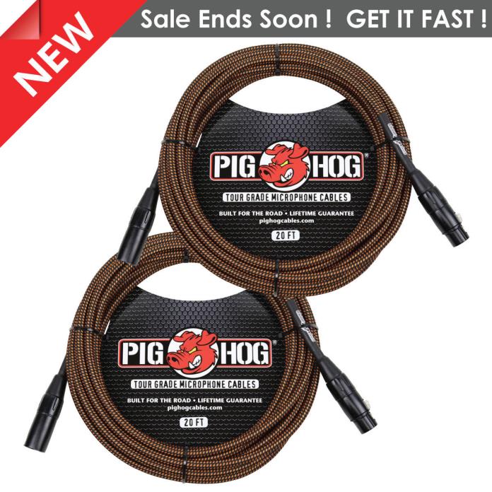2 PACK PIG HOG PHM20ORG BLACK ORANGE WOVEN Mic CABLE 20FT XLR LIFETIME WARRANTY!