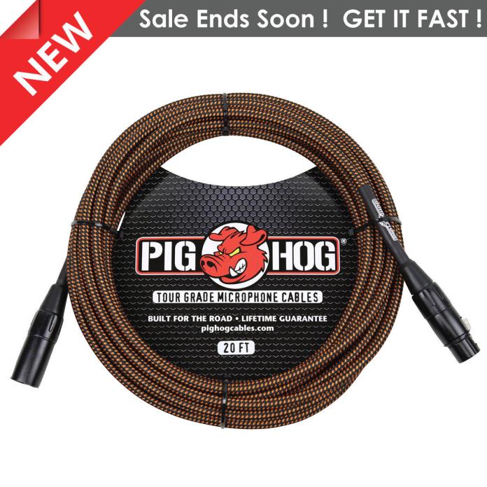 PIG HOG PHM20ORG BLACK & ORANGE WOVEN Mic CABLE 20 Foot FT XLR LIFETIME WARRANTY