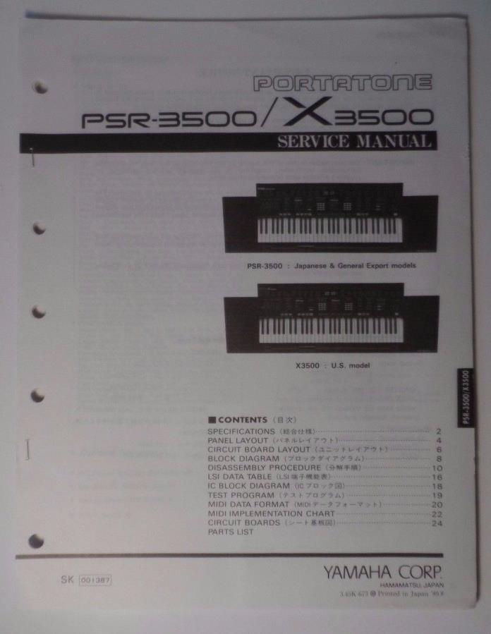 Original Yamaha Portatone PSR-3500 / X3500 Digital Keyboard SERVICE Manual