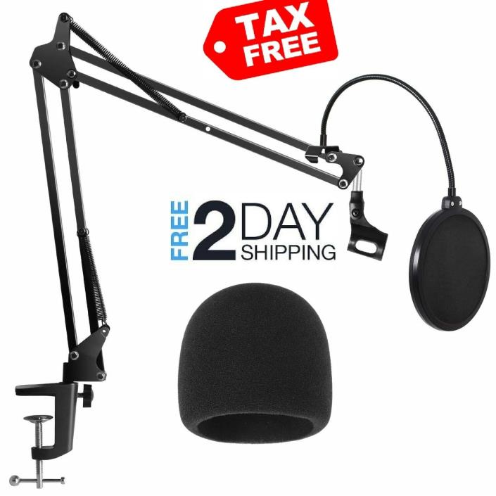 Microphone Desk Arm Stand Mount With Pop Filter Hold Mic For Blue Yeti Snowball