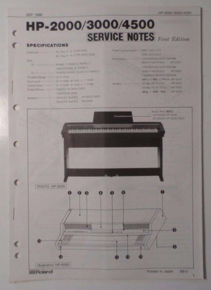 Original ROLAND Service Notes- HP-2000/3000/4500 Keyboard