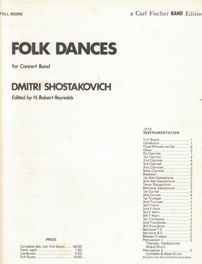 FOLK DANCES - Concert Band Score - Shostakovich / Reynolds - 1979 Carl Fischer