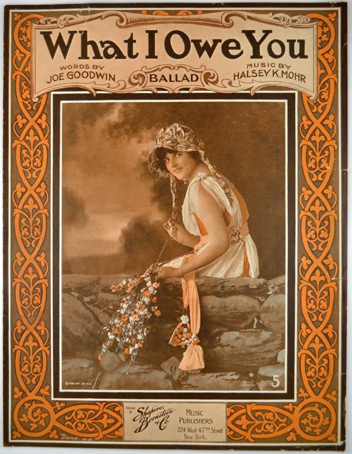 What I Owe You Art By Dunk sheet music 1916 Sheet Music Large Format