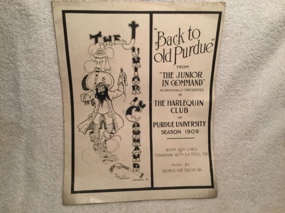 Vtg Sheet Music Back to Old Purdue by Harlequin Club from Junior in Command 1909