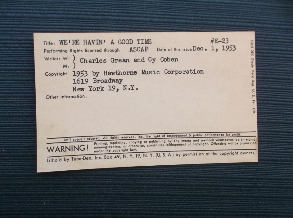 Tune Dex Card - We're Havin' A Good Time (1953) Charles Grean & Cy Coben #TDN