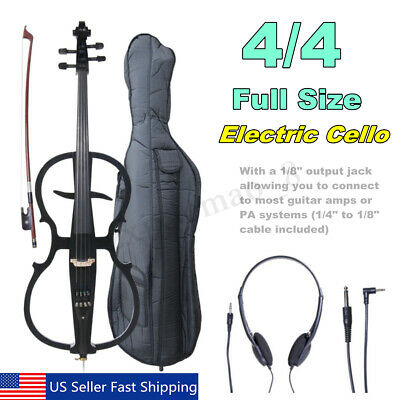 4/4 Full Size Professional Black Wood Electric Silent Cello Bag Bow + Headphone!