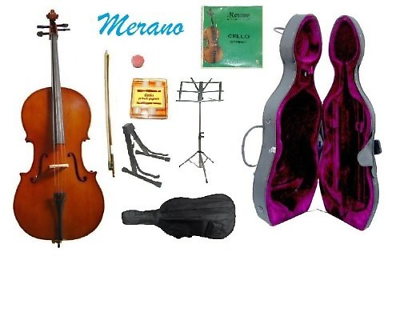 Merano 3/4 Size Cello with Hard Case, Bag and Bow+2 Sets of Strings+Pitch Music