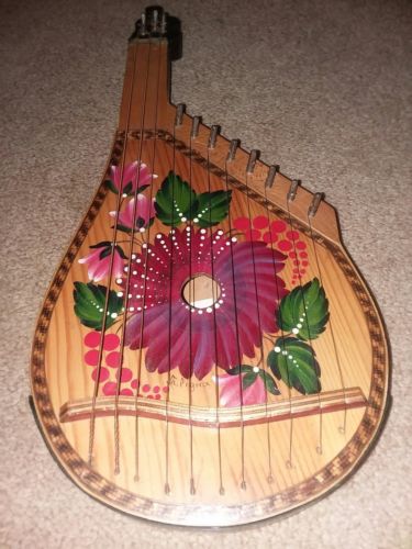 Vintage Russian Ethnic Musical 11 String Wood  instrument  signed painted NICE