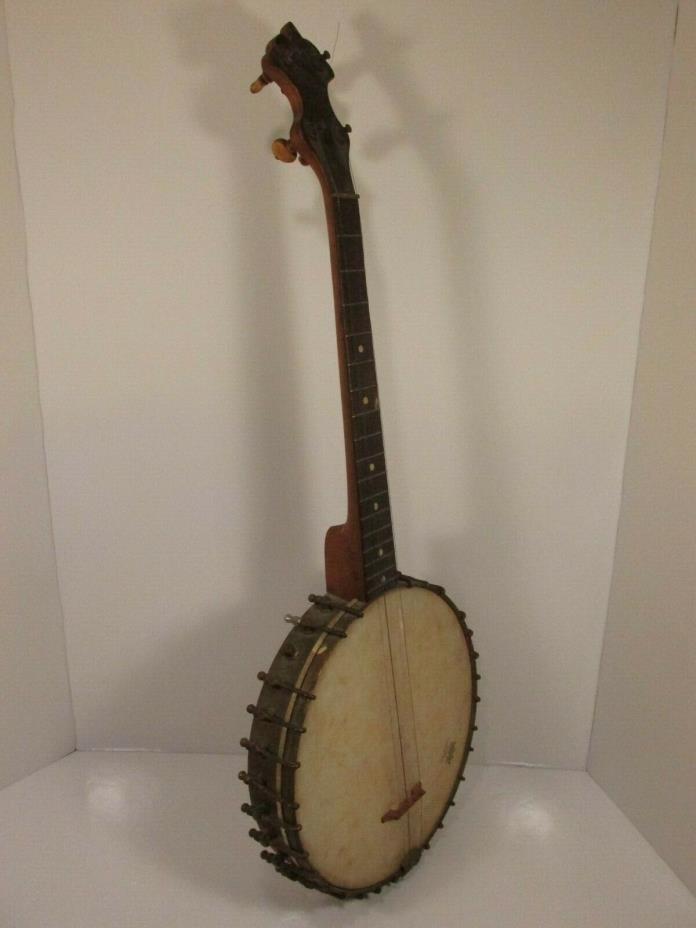 Vtg Old Open Back Brass Meta Wood 4 Four String Banjo (For restore or display)