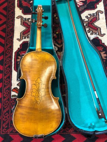 Inlaid Antique German 4/4 Violin, Repair/Parts. Ebony board Case, bow.