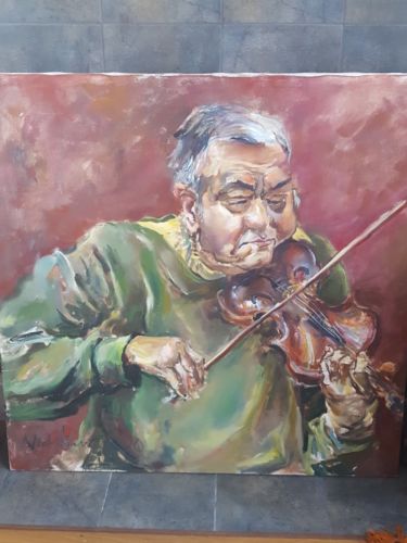 REDUCED! Large Vintage Mid-cent Painting Man Playing Violin SIGNED