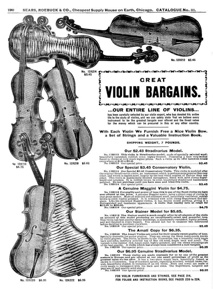 Sears Roebuck Violin from early 1900’s catalog with German violin bow and case.