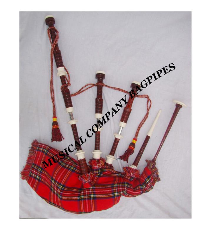 Scottish Highland Rosewood Bagpipe Full Silver Mounts + Free Carrying Bag RED
