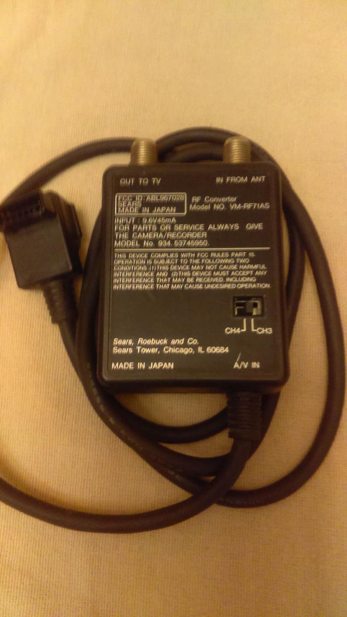 Sears VM-RF71AS RF CONVERTER A/V cable, ch 3/4 switch, for HITACHI camcorders