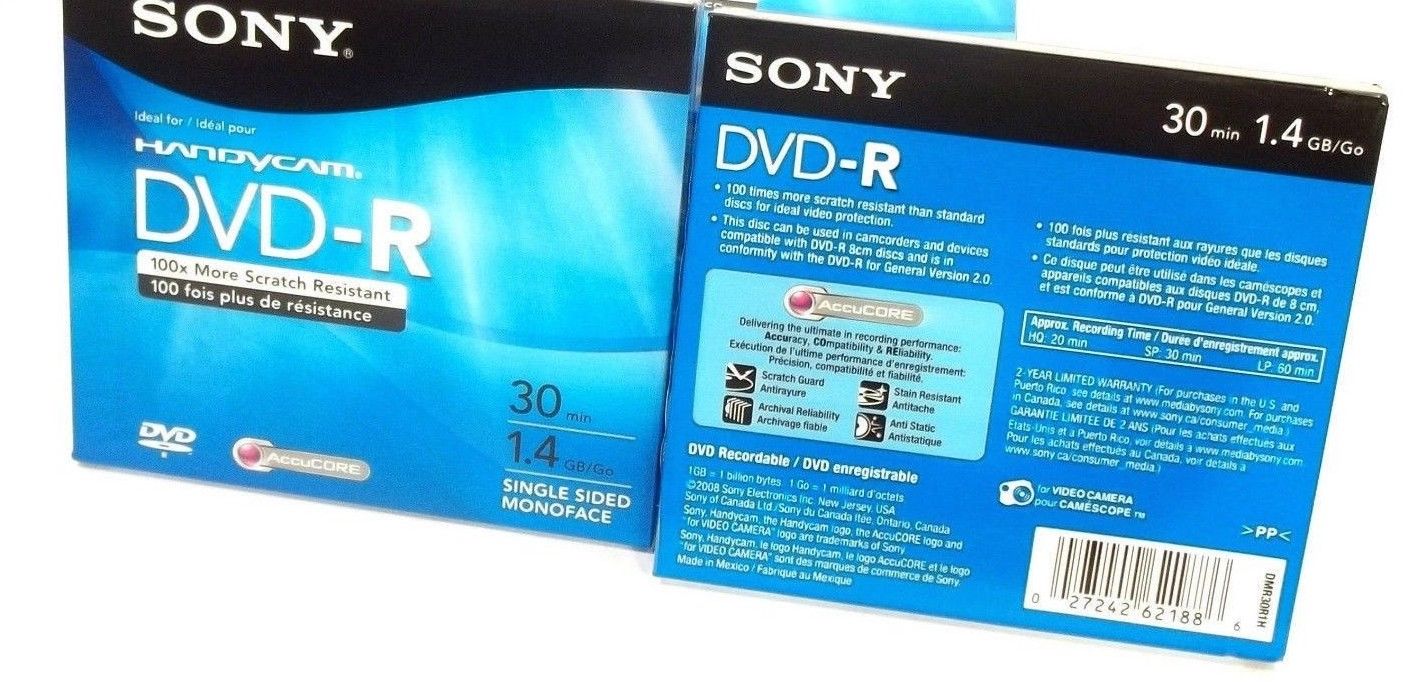 2 DVD-R Mini Disc Sony Handycam Camcorder  Single Sided 1.4 GB 30 min New Sealed
