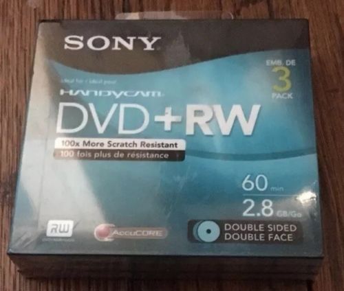 New Sealed 3 Pack Sony Handycam DVD+RW Double Sided 60 minute 2.8GB