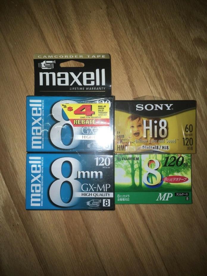 6 new/sealed 8mm video tapes including Maxell 4 pack, single Fuji & a Sony Hi8