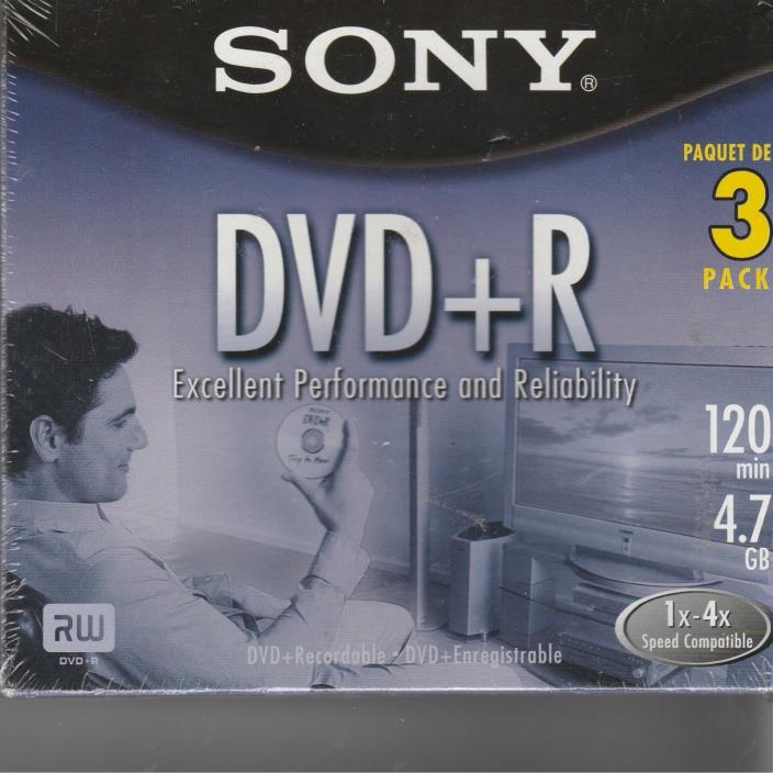 Sony DVD+R Discs - 3 Pack * New & Sealed * 4.7 GB 120 Min Recording