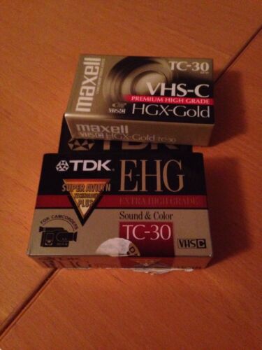 NIP Lot 2 TC-30 VHS-C Camcorder Tapes  SEALED Maxell Premium HGX Gold / TDK EHG