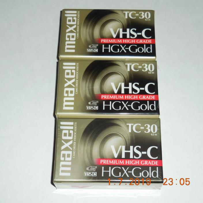 Maxell VHS-C TC-30 HGX Gold Camcorder Videocassette - New Sealed - 3 Pack