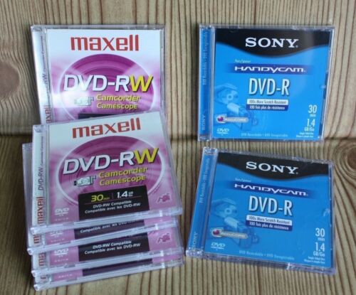lot of 5 Maxell DVD-RW Camcorder and 2 Sony DVD-R HandyCam Discs