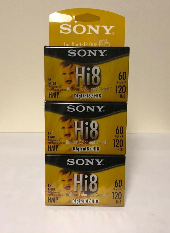 Three (3) Sony Hi8 60 Digital 8 120 Hi8 HMP Video Tapes Original Packaging - New