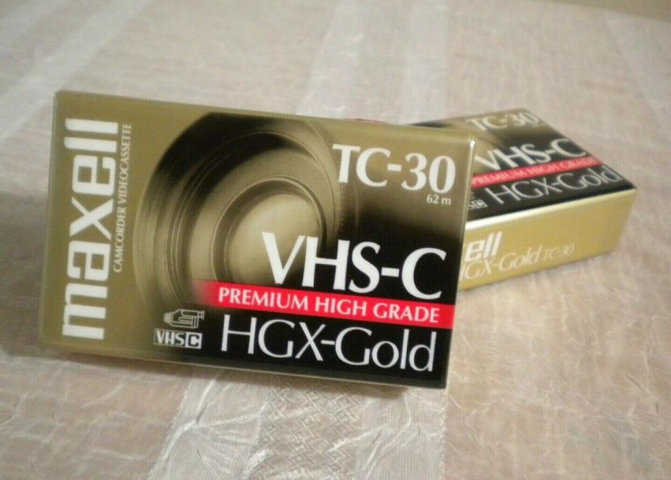 Maxell TC-30 VHS-C Two Sealed 2-Packs Premium High Grade HGX-Gold Videocassettes