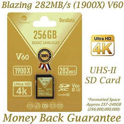 Amplim 256GB UHS-II SDXC SD Card. Blazing Fast Read 282MB/S 1900X. Class 10 U3 /