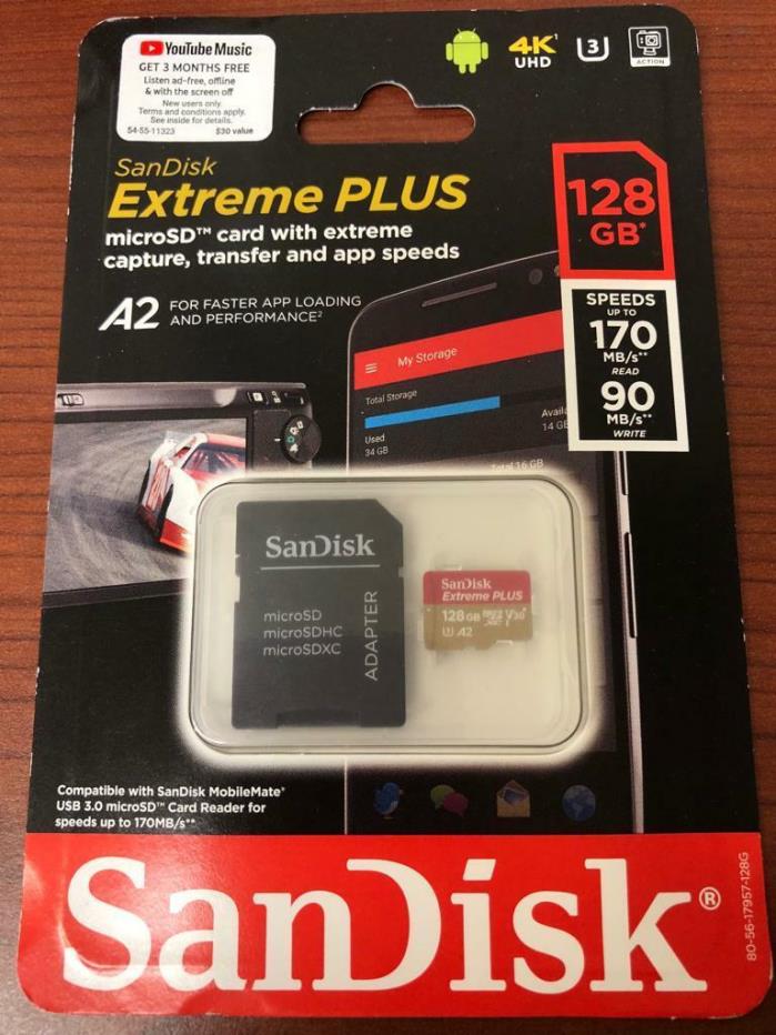 SanDisk Extreme PLUS A2 128GB microSDXC UHS-I Memory Card with Adapter 4k UHD