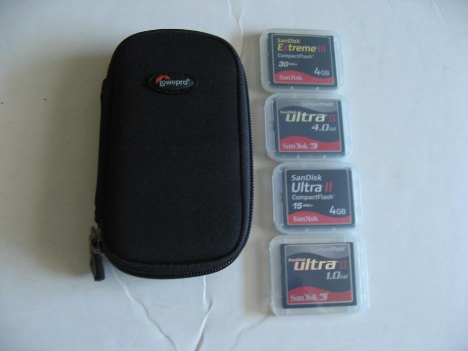 4 SanDisk Compact Flash Cards wClear Storage Cases & Lowepro Memory Card Wallet