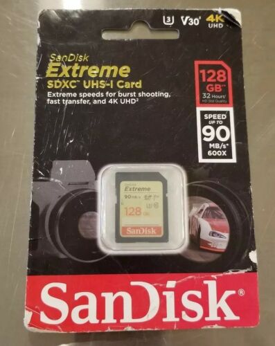 SAN DISK EXTREME ~ SDXC UHS-I CARD  ~ 128GB ~ 32 HOURS ~ SPEED UP TO 90 MB/s* 6X