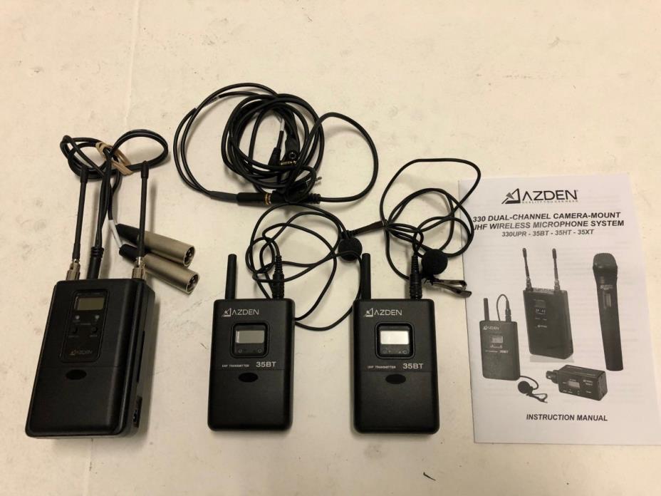 Azden 310/330 Series UHF On-Camera Body-Pack System dual wireless lavalier mics.