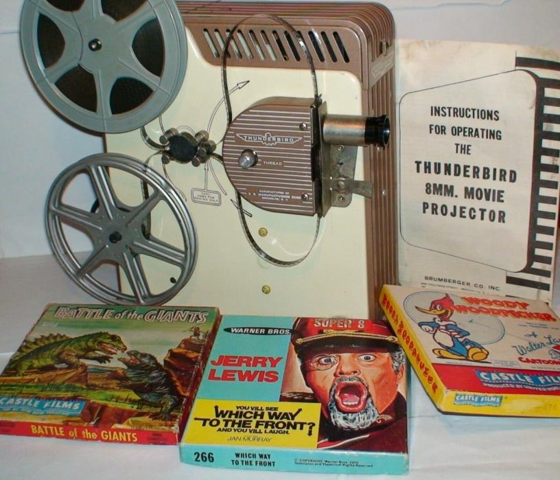 Vintage Thunderbird 8mm Movie Projector #1500 w/instructions, & (3) 8mm films