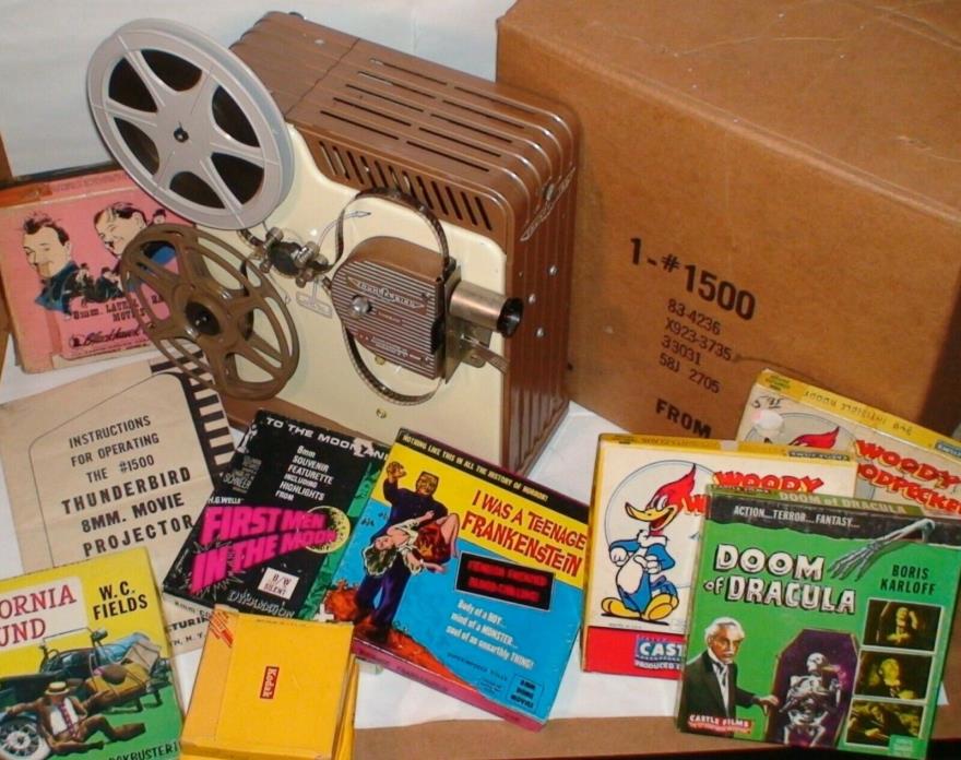 Vintage Thunderbird 8mm Movie Projector Model 1500 w/ Cartoons,instructions,Box