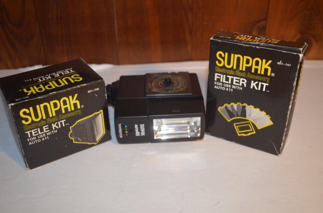 Sunpak Auto 411 Flash- Tele Kit- Filter Kit Accessory Lot