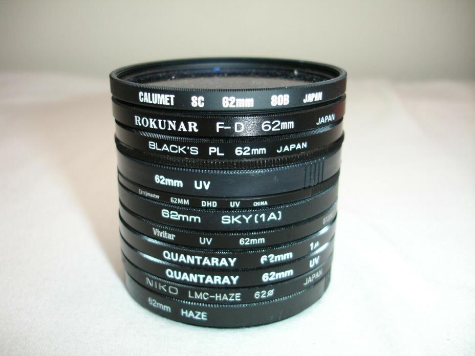Lot of 11 62mm size lens filters Skylight, UV, 80B, F-D, PL,- AS IS #2884 filter