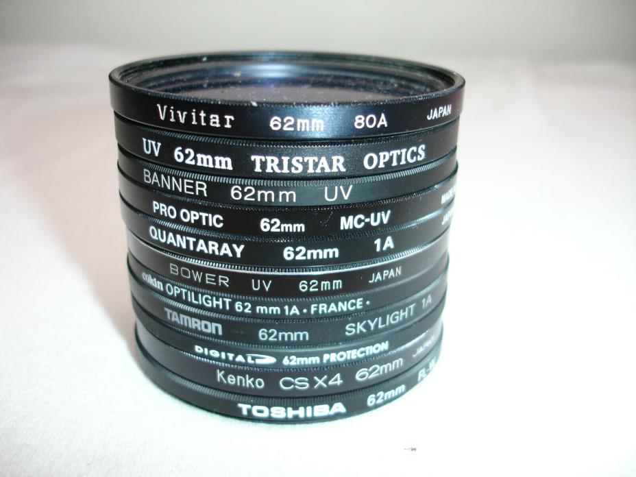 Lot of 11 62mm size lens filters Skylight 80A UV CS, AS IS, #2880 filter