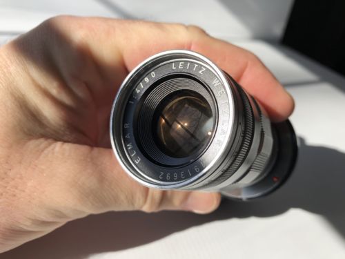 Leica 90mm f/4 Elmar-M lens. Rare 3 Element version.  Only approx. 500 +Adapter