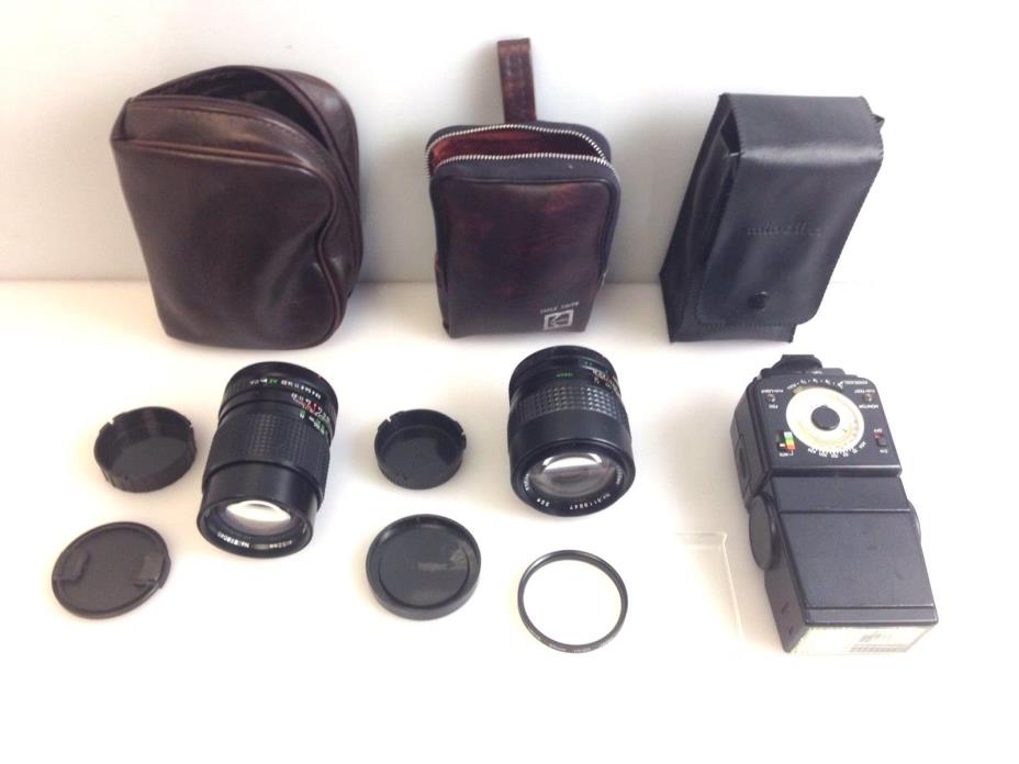 Lot of 3, 35mm Camera Lens & Flash JCPenny 1:2.8 F=135mm Focal Auto Minolta 320X